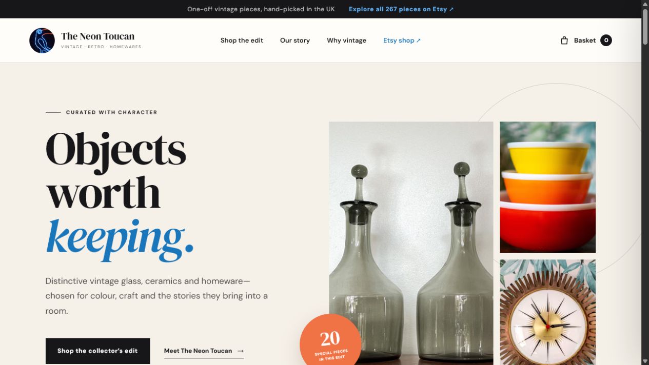 Concept ecommerce homepage for The Neon Toucan vintage homeware shop